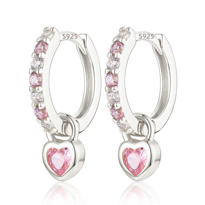 S925纯银针耳扣亚马逊跨境粉色心形吊坠耳环热卖环状耳环女士耳圈