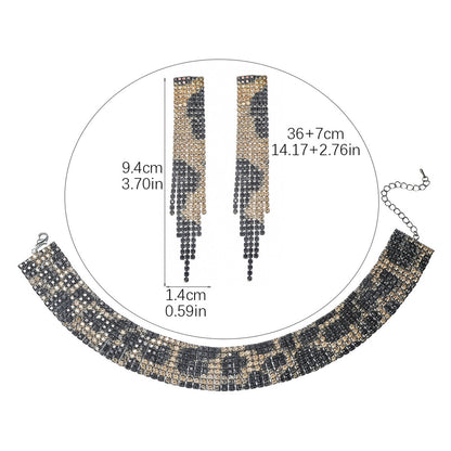欧美跨境 奢华闪亮项链耳环两件套 豹纹新娘水钻首饰套装颈链饰品