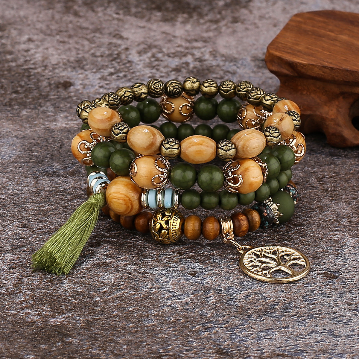 Boho Multi-Layer Stackable Beaded Stretch Bracelet, Bohemian Wrap Bracelet with Tassel & "I Love You" Charm