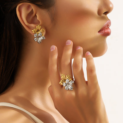 麦芽不锈钢花朵小雏菊金银拼色耳钉耳环开口戒指指环小众设计耳饰