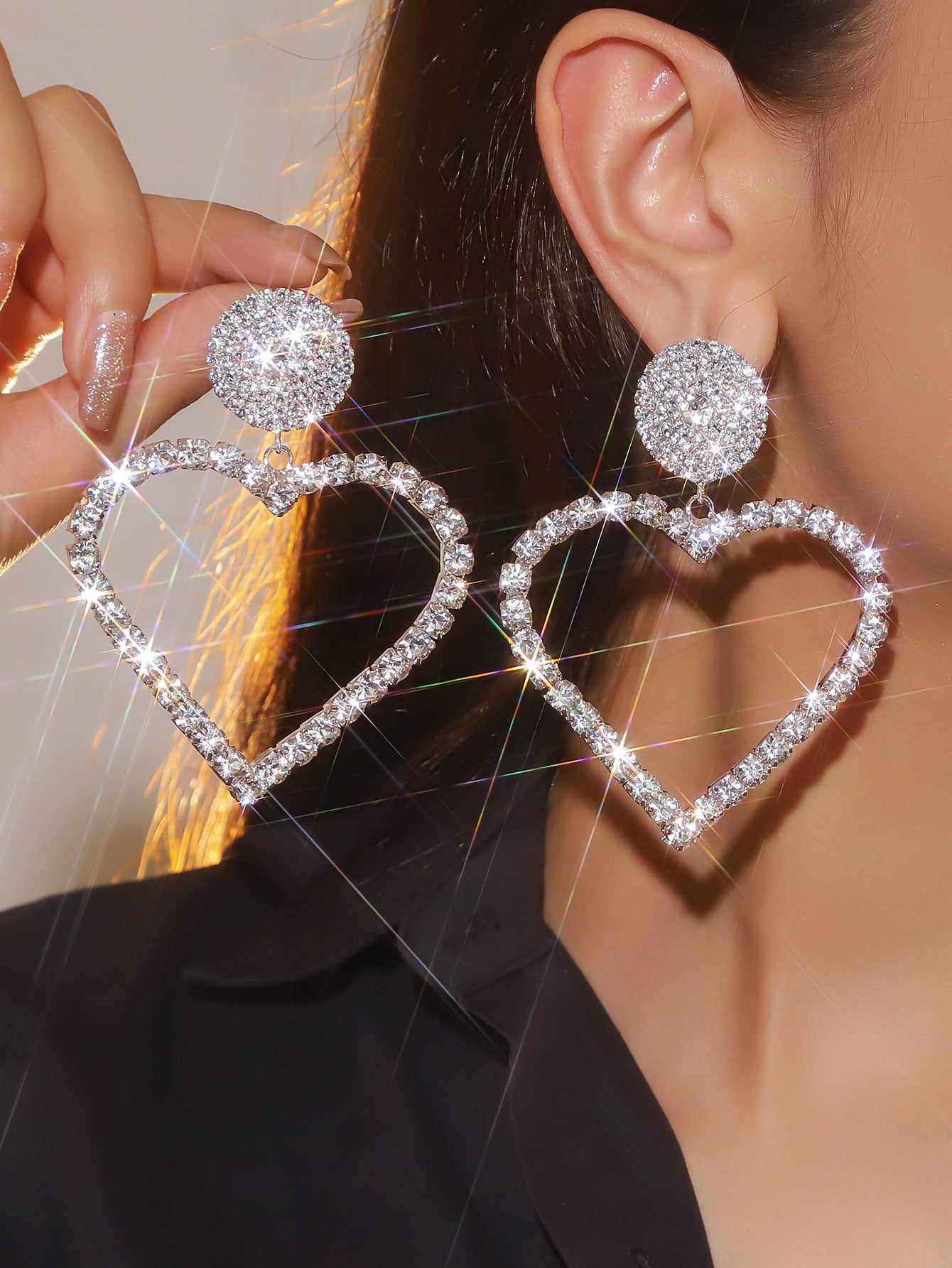 亚马逊美国独立日个性夸张长款流苏爱心耳环女水钻超闪耳钉耳饰品