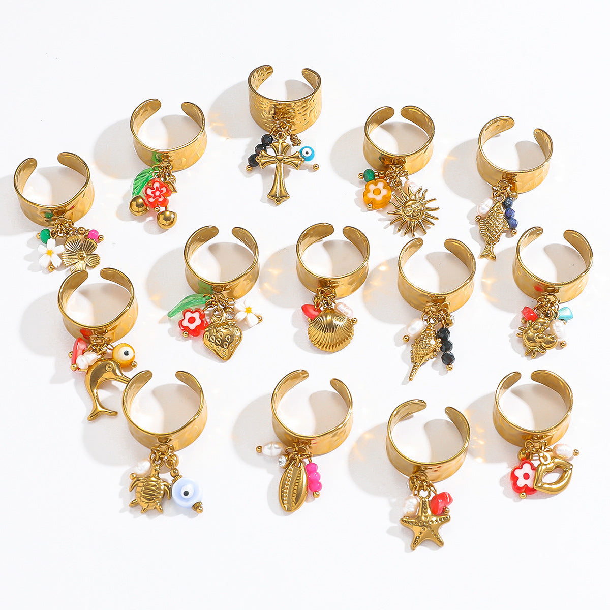 麦芽欧美不锈钢度假风开口戒指海螺海星贝壳珍珠花樱桃指环手饰品