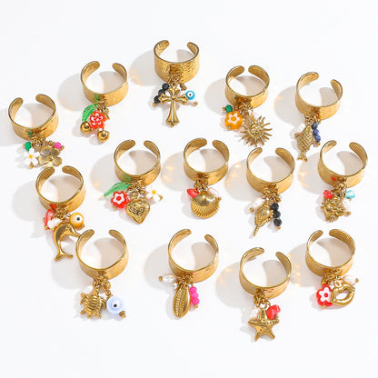 麦芽欧美不锈钢度假风开口戒指海螺海星贝壳珍珠花樱桃指环手饰品