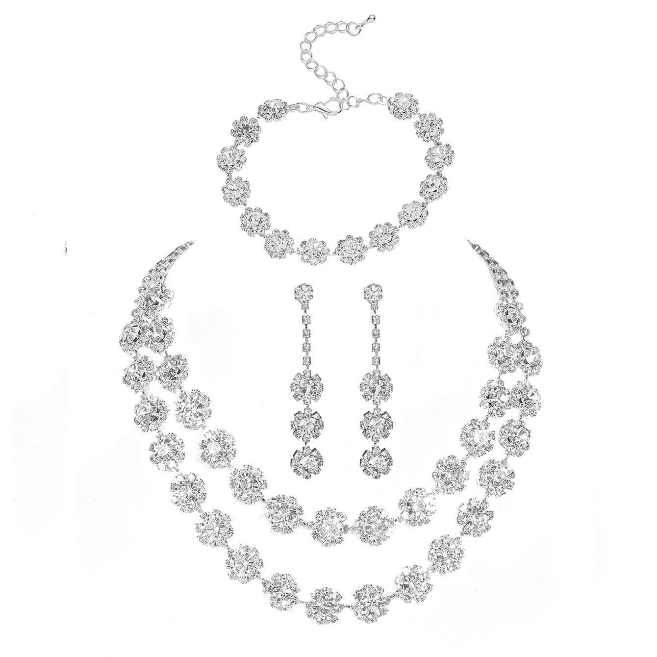 亚马逊爆款时尚闪亮水钻项链耳环手链套装 奢华气质项饰耳饰3件套