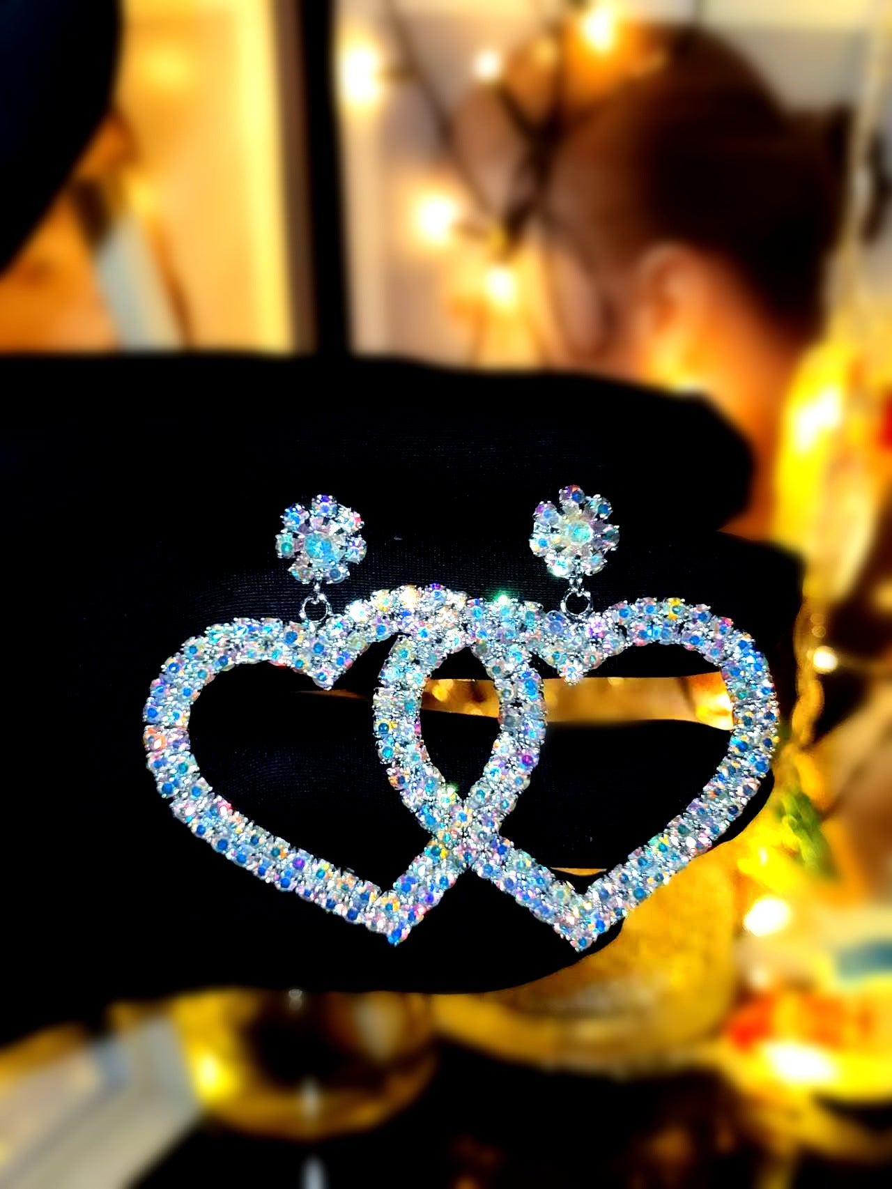 跨境情人节大爆款 奢华闪亮满钻爱心耳环女 时尚双桃心耳钉耳饰品