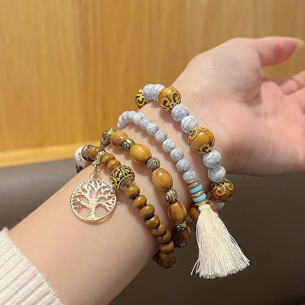 Bohemian Style Beaded Bracelet, Tassel Tree of Life Fashion Pendant, Wooden Bead Elastic Multilayer Bracelet