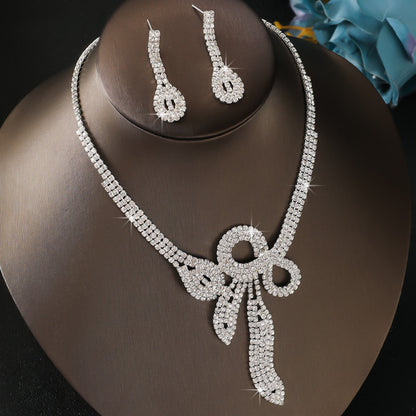时尚水晶水钻项链耳钉两件套首饰配件高级感锁骨婚礼饰品百搭新娘
