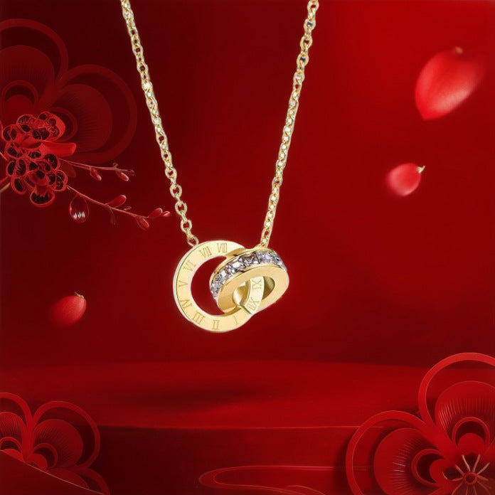 Interlocking Roman Numeral Necklace: 18K Gold-Plated Titanium Necklace with Diamonds for Women