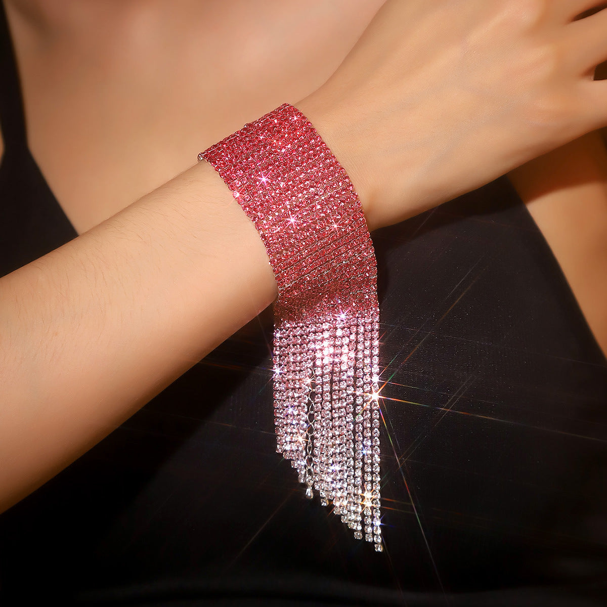 DINGKA 夸张超闪宽边水钻流苏手链女 时尚百搭满钻手镯网红手饰