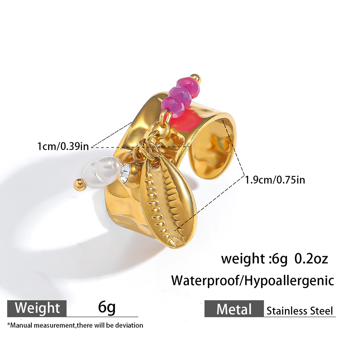 麦芽欧美不锈钢度假风开口戒指海螺海星贝壳珍珠花樱桃指环手饰品