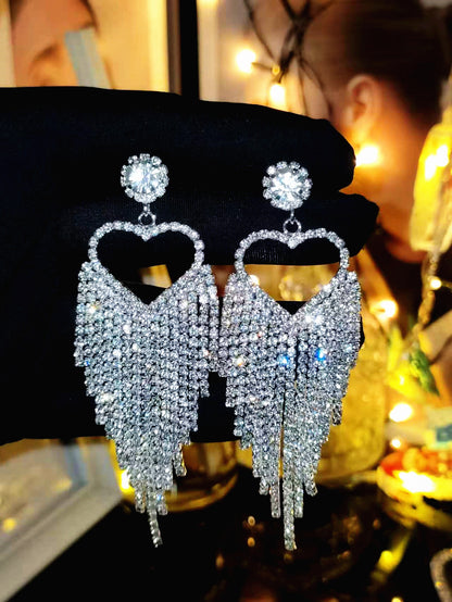 亚马逊美国独立日个性夸张长款流苏爱心耳环女水钻超闪耳钉耳饰品