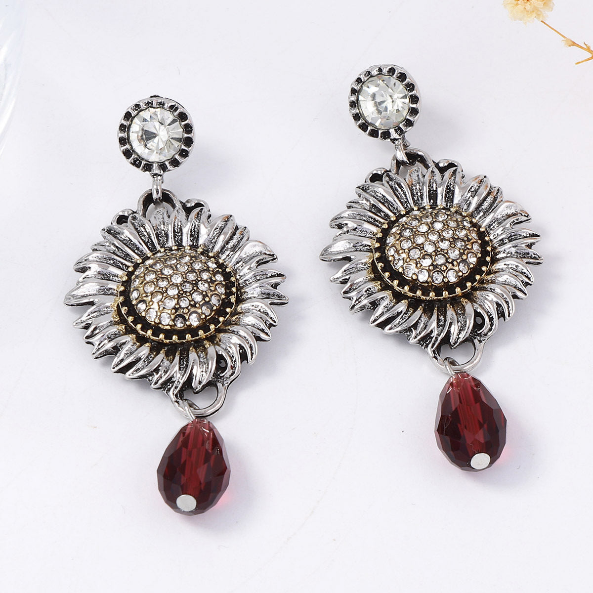 CZ Sunflower Drop Earrings