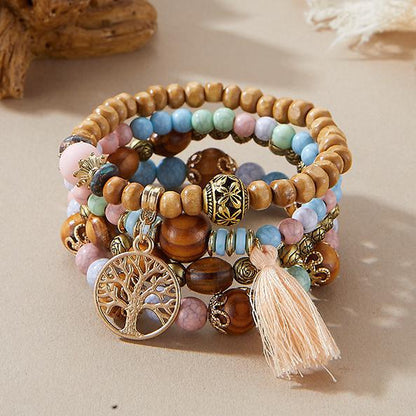 Bohemian Style Beaded Bracelet, Tassel Tree of Life Fashion Pendant, Wooden Bead Elastic Multilayer Bracelet