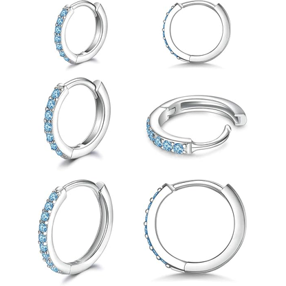 925 Sterling Silver Small Hoop Earrings Cubic Zirconia Earrings, 3 Pairs, 14K White Gold Plated Ear Bone Pierced Earrings Clip-On Small Hoop Earrings, Unisex