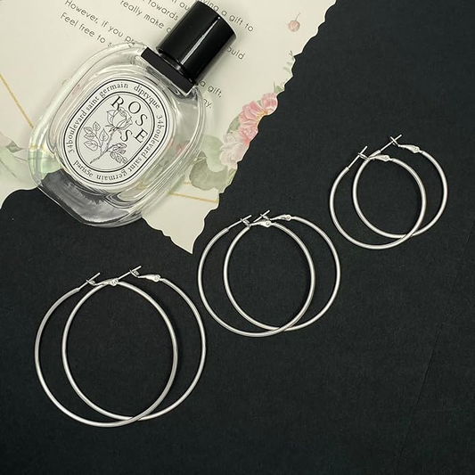 3 Pairs Sterling Silver Hoop Earrings, 14K White Gold Plated Big Hoop Earrings Set for Women 40 50 60MM