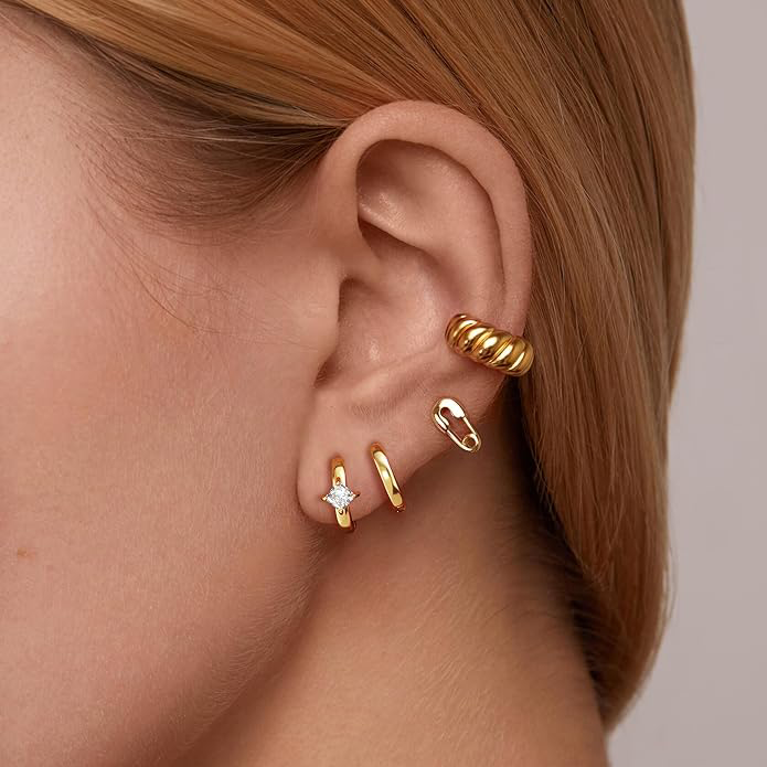 3 Pairs Gold Hoop Earrings Set: Dainty Stud Earrings Trendy Small 14K Gold Plated Hypoallergenic Dangle Cartilage Huggie Hoop Earrings for Women Gold Jewelry for Women Gifts