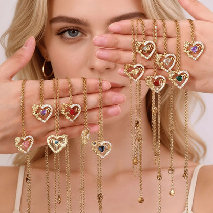 Women's Heart Pendant Necklace with Sparkling Zircons & 12 Birthstones