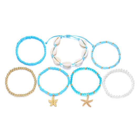 Bohemian-style holiday bracelet set: Summer beach starfish and shell pendant with rice beads, designed for layering