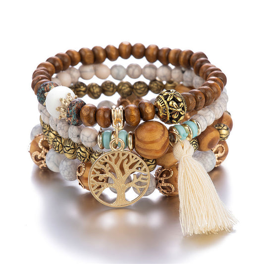 Boho Multi-Layer Stackable Beaded Stretch Bracelet, Bohemian Wrap Bracelet with Tassel & "I Love You" Charm