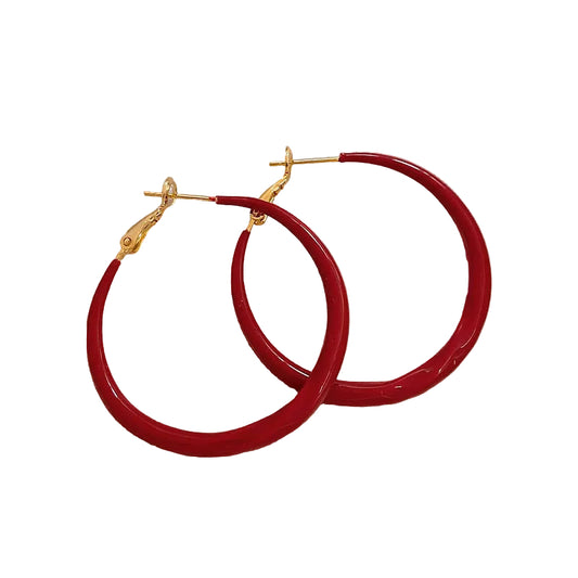 Premium Women's Burgundy Glazed Large Hoop Earrings, Stylish Round & Square Design, Slimming for Square & Round Faces