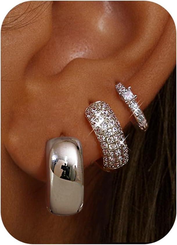 Chunky hoop earrings for women, small thick gold hoops worn by model, multiple piercing minimalist jewelry style