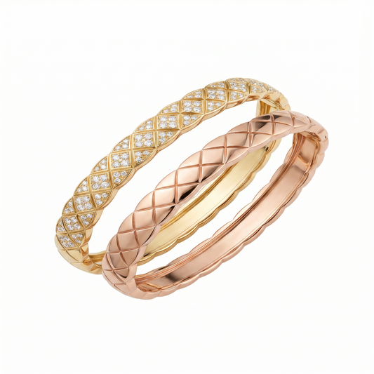 Narrow & Wide Band Coco Quilted Bracelet, Plain & Paved Zircon, CNC Crafted Rose Gold Jewelry