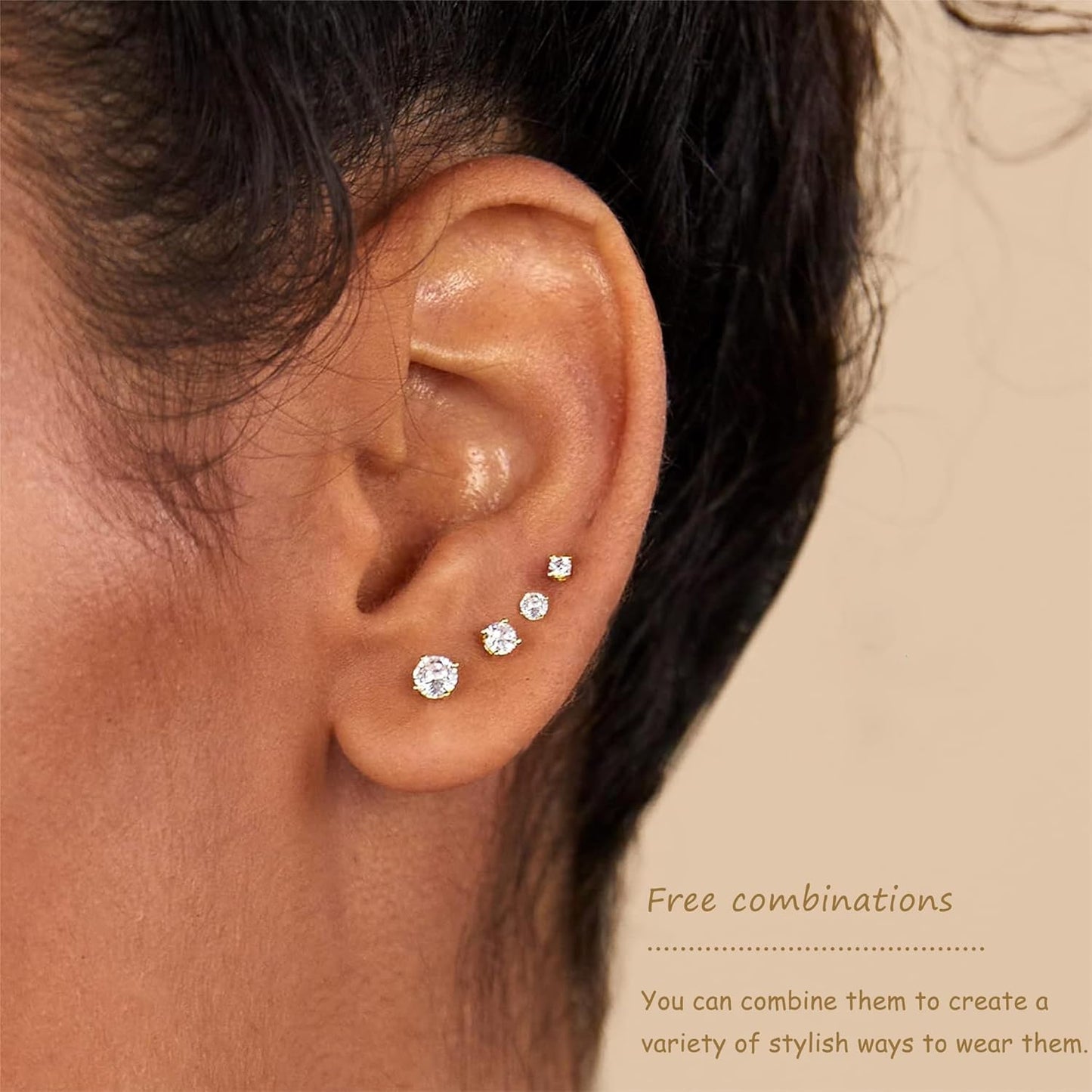 5-Pair Gold-Tone CZ Stud Earrings Set