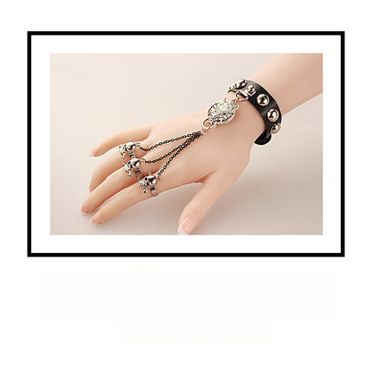 欧美复古哥特朋克风手链狼头骷髅头手饰皮革带戒指一体混批发S212