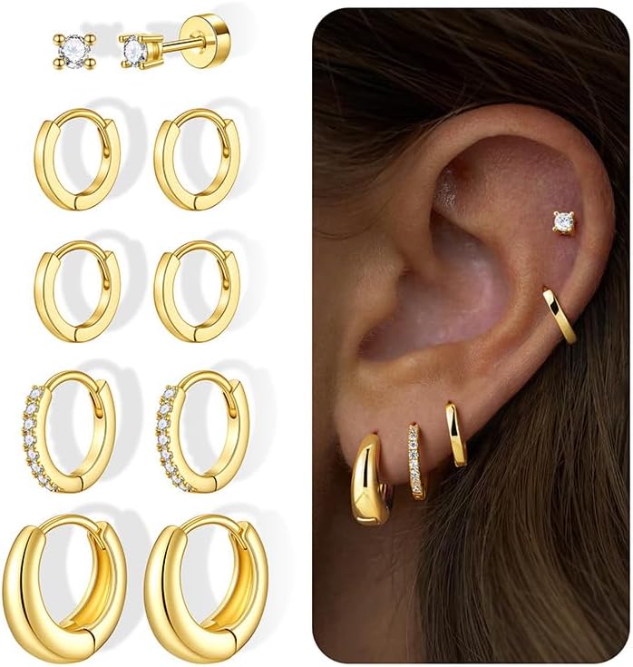 Turandoss Gold Hoop Earrings for Women, 14K Gold Plated Huggie Hoop Earrings Set Dainty CZ Earring Stacks for Multiple Piercing Jewelry