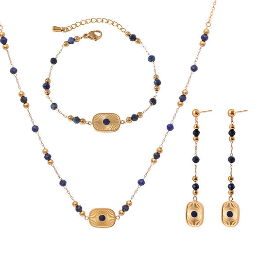 Jewellery Set: Natural Lapis Lazuli Bracelet, Long Tassel Earrings, Women’s Light Luxury Necklace with a Sophisticated Look
