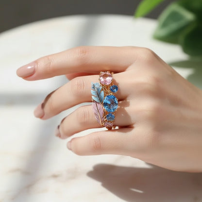 Ring with a relief-carved colourful flower design