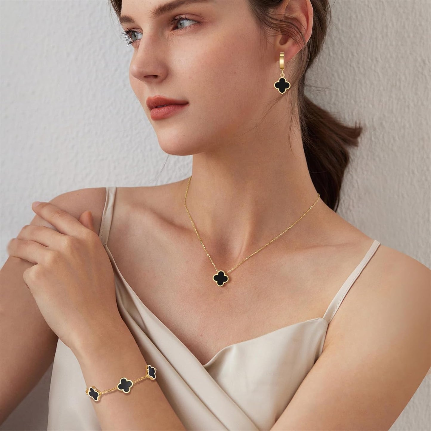 Gold-Tone Black Clover Leaf Jewelry Set