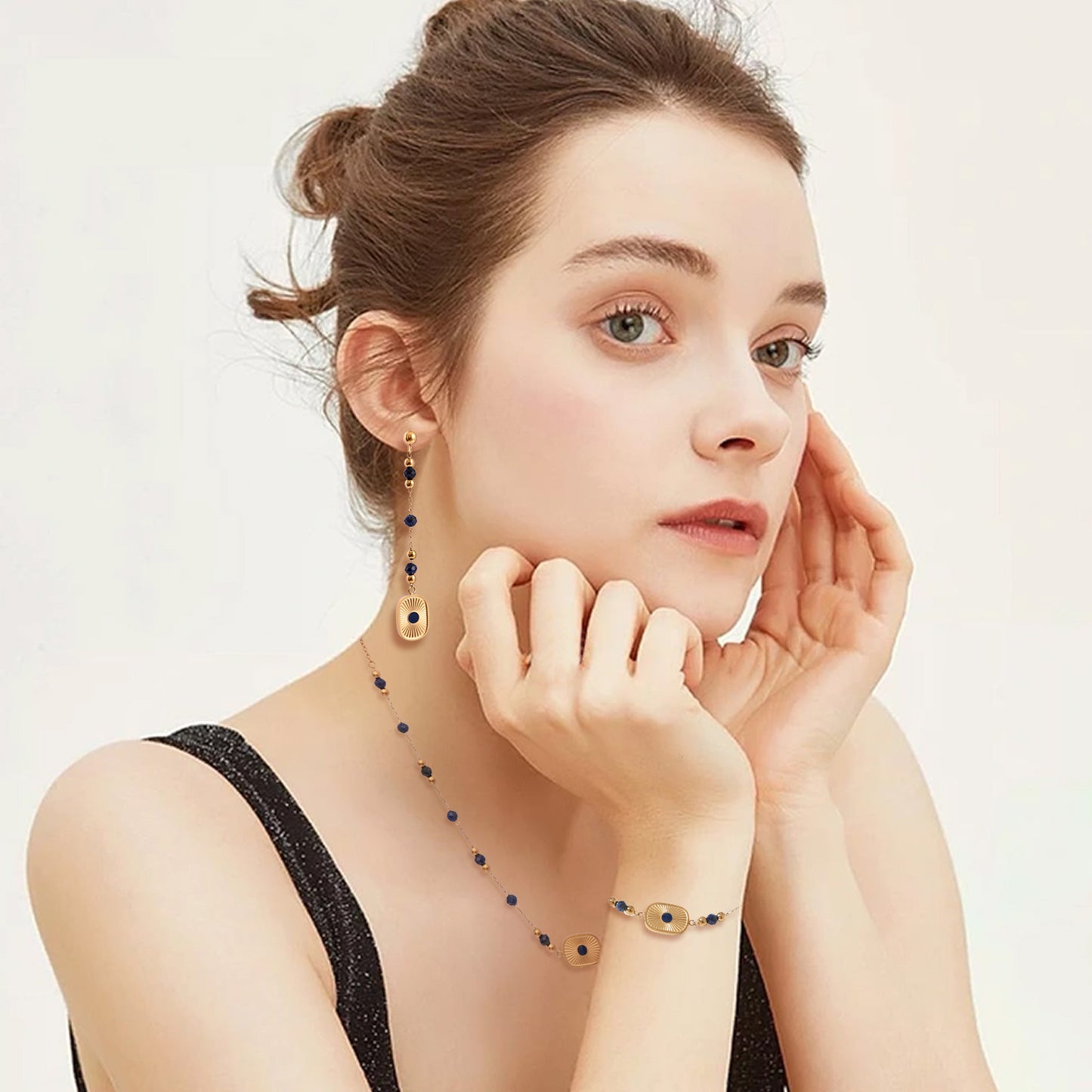 Jewellery Set: Natural Lapis Lazuli Bracelet, Long Tassel Earrings, Women’s Light Luxury Necklace with a Sophisticated Look