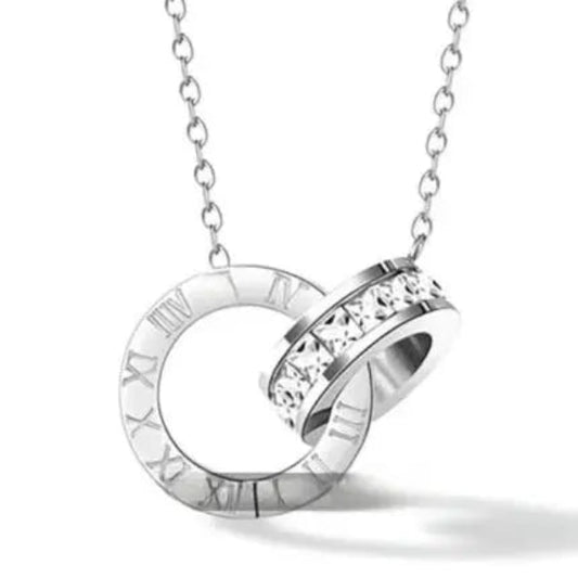 Interlocking Roman Numeral Necklace: 18K Gold-Plated Titanium Necklace with Diamonds for Women