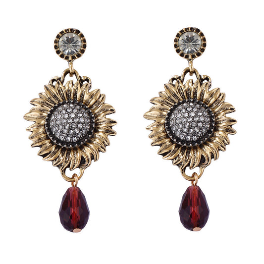 Retro Boho Delicate Zircon Sunflower Teardrop Dangle Earrings, Elegant Versatile Statement Earrings