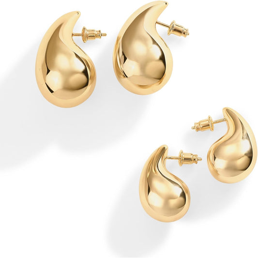 14K Gold Plated 925 Sterling Silver Post Teardrop Chunky Hoop Earrings - Lightweight Drop Earrings for Women - Designer Earring Trendy Jewelry