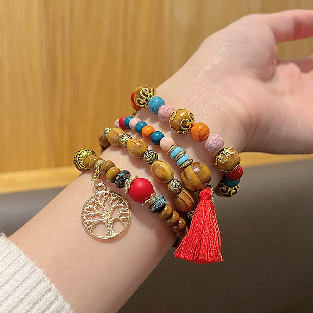 Bohemian Style Beaded Bracelet, Tassel Tree of Life Fashion Pendant, Wooden Bead Elastic Multilayer Bracelet