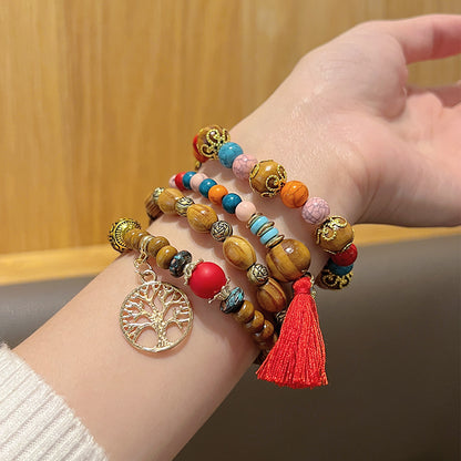 Bohemian Style Beaded Bracelet, Tassel Tree of Life Fashion Pendant, Wooden Bead Elastic Multilayer Bracelet