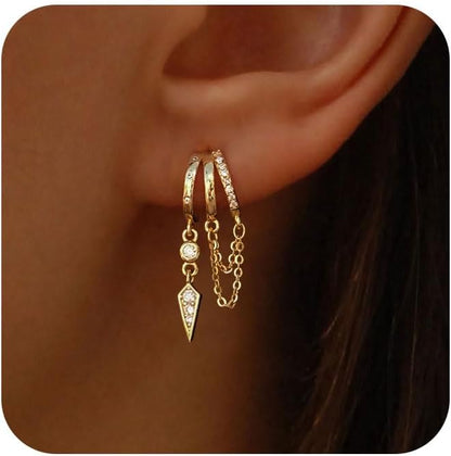 Dangle Earrings for Women,14k Gold Plated Triple Huggie Stud Earrings Cute Statement Chain Earring Dainty Drop Earrings for Women Trendy Gold Plated Jewelry