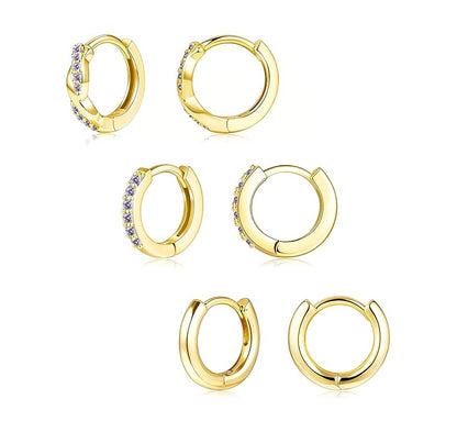 Gold Huggie Hoop Earrings Set for Women, Dainty Small Sterling Silver Earring for Multiple Piercing Hypoallergenic Jewelry, Trendy Twisted CZ Cartilage Earings for Women's Mother Gifts 3Pairs